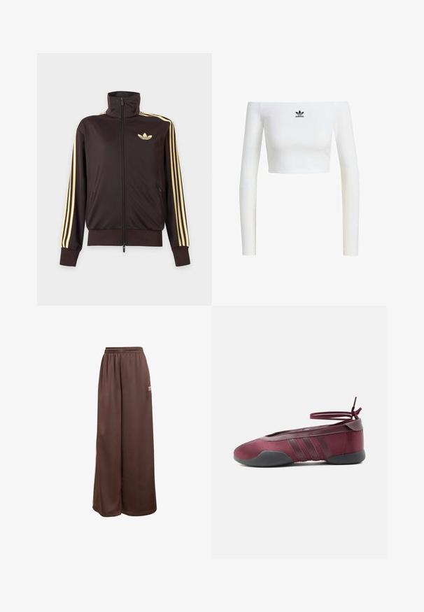 Čierna športová bunda na zips s vysokým golierom, svetložlté pruhy na rukávoch a logo Adidas trefoil na ľavej strane hrude.; Biela crop top s odhalenými ramenami z rebrovaného materiálu, s dlhými rukávmi a malým čiernym logom Adidas na prednej strane.; adidas Originals Tepláky - auburn cream white; Burgundské balerínky s čiernou podrážkou, elastickými remienkami na členku zviazanými do mašle a prešívanými detailmi na bokoch, zobrazené z vonkajšej strany.