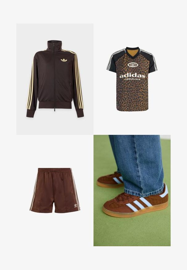 Sort lynlåstrøje med høj krave, lysegule striber ned ad ærmerne og Adidas trefoil-logo på venstre bryst.; adidas Originals LEO PRINT SATIN - T-shirts print - multicolor bronze strata; Brune atletiske shorts lavet af glat stof med en afslappet pasform, med hvide sidelæg og et broderet logo på den nederste venstre kant.; Brune Adidas sneakers med hvide striber og gummisåler, båret med blå jeans på grøn tæppe.