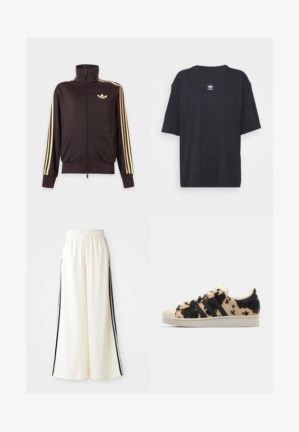 Čierna športová bunda na zips s vysokým golierom, svetložlté pruhy na rukávoch a logo Adidas trefoil na ľavej strane hrude.; Čierne bavlnené tričko s krátkymi rukávmi, okrúhlym výstrihom, na hrudi s bielym logom Adidas. Jednoduchý dizajn, voľný strih.; Biele široké nohavice s elastickým pásom a čiernymi vertikálnymi pruhmi pozdĺž vonkajších švov.; Tenisky s vzorom z hovädzej kože v béžovej a čiernej farbe, tri čierne pruhy, biela gumená špička a textúrovaná podrážka. Obsahujú šnúrky a značkovanie.