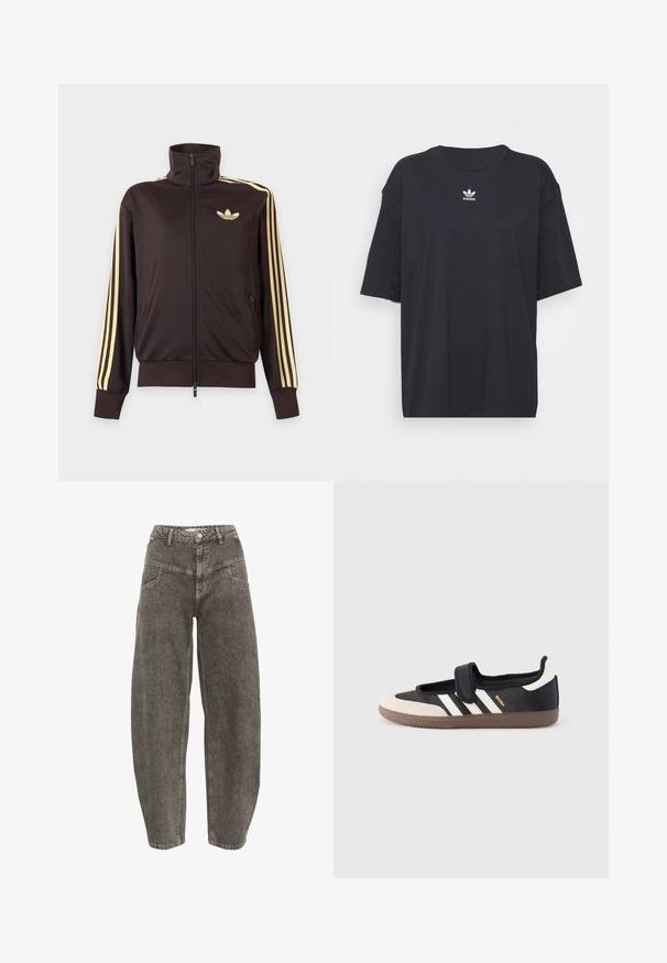 Zwarte joggingjas met rits en hoge kraag, lichtgele strepen op de mouwen en Adidas trefoil-logo op de linkerborst.; Zwarte katoenen T-shirt met korte mouwen, ronde halslijn, voorzien van een wit Adidas-logo op de borst. Eenvoudig ontwerp, comfortabele pasvorm.; Gestuz JOSIE BARREL - Wide leg - greige denim wash; Zwart-beige sneaker met een klittenbandsluiting, drie witte strepen aan de zijkant en een getextureerde bruine rubberen zool. Merkembleem zichtbaar.