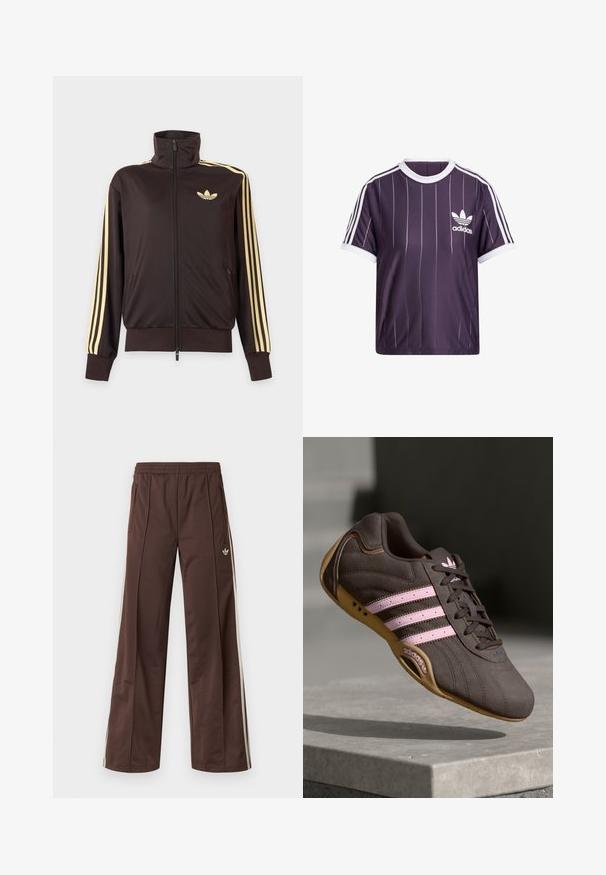 Zwarte joggingjas met rits en hoge kraag, lichtgele strepen op de mouwen en Adidas trefoil-logo op de linkerborst.; Paarse sport-T-shirt met witte verticale strepen, ronde witte kraag en wit Adidas-logo op de linkerborst. Korte mouwen.; Bruine sportbroek met een wijd uitlopende pijp, witte zijstrepen, een elastische tailleband en twee zijzakken. Heeft een klein logo op het been.; Bruine suède sport schoen met roze strepen en logo, voorzien van een gestructureerde bovenkant, vetersluiting en een gumrubberen zool.