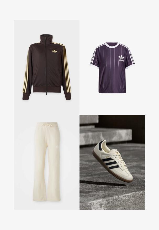 Zwarte joggingjas met rits en hoge kraag, lichtgele strepen op de mouwen en Adidas trefoil-logo op de linkerborst.; Paarse sport-T-shirt met witte verticale strepen, ronde witte kraag en wit Adidas-logo op de linkerborst. Korte mouwen.; Crème kleurige sweatpants met een zachte textuur, voorzien van een trekkoord tailleband en brede pijpen. Subtiele logo detail op de linkse heup.; Witte Adidas Samba sneaker met zwarte strepen en gumzool, zwevend boven gestructureerde grijze betonnen treden.