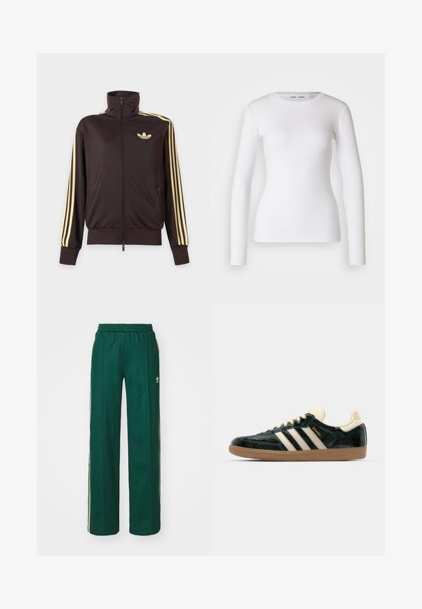 Sort lynlåstrøje med høj krave, lysegule striber ned ad ærmerne og Adidas trefoil-logo på venstre bryst.; Hvid langærmet skjorte lavet af ribbet stof, med runde udskæring og tætsiddende pasform. Ingen mønstre eller accenter er til stede.; Mørkegrønne træningsbukser med en afslappet pasform, der har snor i taljen, sidelommer og cremefarvede striber langs siderne.; adidas Originals SAMBA OG - Sneakers - cream white/collegiate green