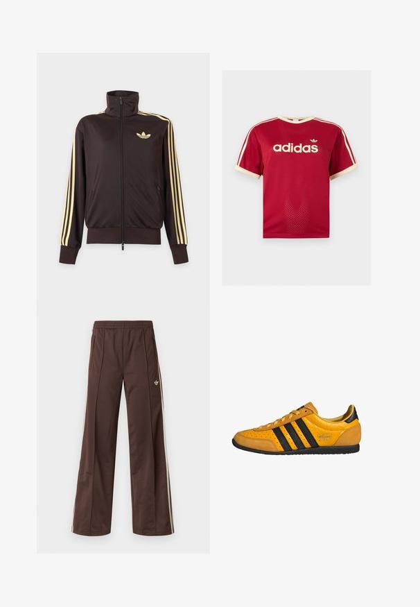 Mustast lukuga spordijakk kõrge kraega, helekollaste triipudega varruka all ja Adidas trefoil logo vasakul rinnal.; Punane Adidas võrgust meeste särk beeži äärega krae, varrukate ja kolmekordsete triipude juures õlgadel, esiküljel Adidas logo ja tekstiga.; Pruunid sportpüksid laiade säärtega, valgete küljeribadega, elastse vöökohaga ja kahe küljetaskuga. Jalal on väike logo.; Kollased nahast tossud mustade triipudega, paeltega, augulise varbaga ja tekstuurse kandepaneeliga, millel kiri "adidas Japan". Kummist välistald.