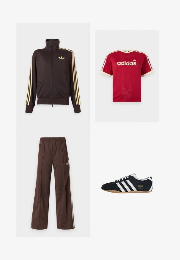 Mustast lukuga spordijakk kõrge kraega, helekollaste triipudega varruka all ja Adidas trefoil logo vasakul rinnal.; Punane Adidas võrgust meeste särk beeži äärega krae, varrukate ja kolmekordsete triipude juures õlgadel, esiküljel Adidas logo ja tekstiga.; Pruunid sportpüksid laiade säärtega, valgete küljeribadega, elastse vöökohaga ja kahe küljetaskuga. Jalal on väike logo.; Must musta tennisjalanikesed valgete kolme triibuga, kuldse logo ja pruuni kummitaldiga. Omab madalat sidumise disaini.