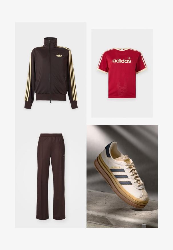 Sort lynlåstrøje med høj krave, lysegule striber ned ad ærmerne og Adidas trefoil-logo på venstre bryst.; Rød Adidas mesh t-shirt med beige kant på krave, ærmer og de tre striber på skuldrene, med Adidas-logo og tekst på fronten.; Brune træningsbukser med elastisk talje, to sidelommer og et lille logo på venstre side, lavet af et blødt stof.; Adidas Gazelle sneaker med en creme farvet ruskindsoverdel, blå læderdetaljer, tre blå striber, beige mellemsål og brune gummisål.