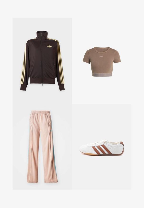 Schwarze Trainingsjacke mit Reißverschluss und hohem Kragen, hellgelben Streifen an den Ärmeln und Adidas Trefoil Logo auf der linken Brust.; Braunes, geripptes Crop-Top mit kurzen Ärmeln, rundem Ausschnitt und einem strukturierten Saumband am unteren Rand mit einem dezenten Logomuster.; Helle rosa Sporthosen mit entspannter Passform, ausgestattet mit blauen Seitenstreifen und einem Kordelzugbund. Hergestellt aus glattem, leichtem Stoff.; Weißer Sneaker mit niedrigem Schaft, braunen Lederstreifen, Schnürverschluss und einer Laufsohle aus Gummimaterial, von der Innenseite auf weißem Hintergrund gezeigt.