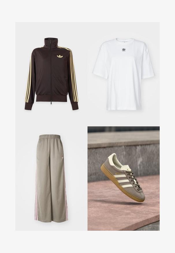 Čierna športová bunda na zips s vysokým golierom, svetložlté pruhy na rukávoch a logo Adidas trefoil na ľavej strane hrude.; Biele tričko s krátkym rukávom vyrobené z bavlny. Má okrúhly výstrih a malé čierne logo Adidas na hrudi. Priamy strih spodného lemu.; Svetlo olivové nohavice s širokými nohavicami a vertikálnym pruhovaním, elastickým pásom a ružovými bočnými pruhmi. Obsahuje malé logo na boku.; Svetlohnedá semišová teniska Adidas s bielymi pruhmi a gumovou podrážkou, visí nad ružovými kamennými schodmi vonku.