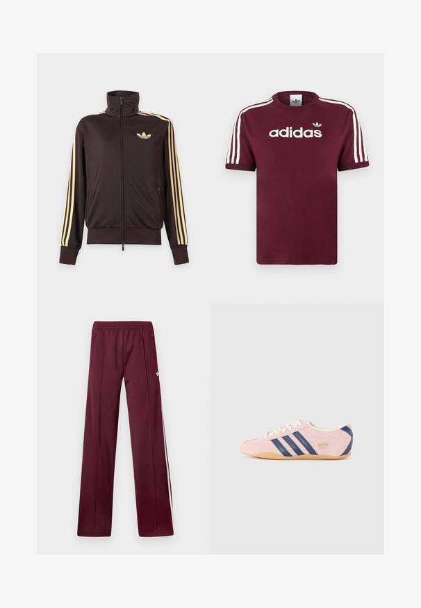 Čierna športová bunda na zips s vysokým golierom, svetložlté pruhy na rukávoch a logo Adidas trefoil na ľavej strane hrude.; Bordové bavlnené tričko s bielymi pruhovanými rukávmi, na hrudi s bielym logom "adidas" a malým logom nad ním.; Vínové teplákové nohavice s elastickým pásom, bočnými vreckami na zips, bielymi bočnými pruhmi a malým bielym logom Adidas na pravej stehne.; Svetloružové tenisky z semišu s námornícky modrými pruhmi a akcentmi. Majú svetložltý jazyk a šnúrky, s gumovou podrážkou.