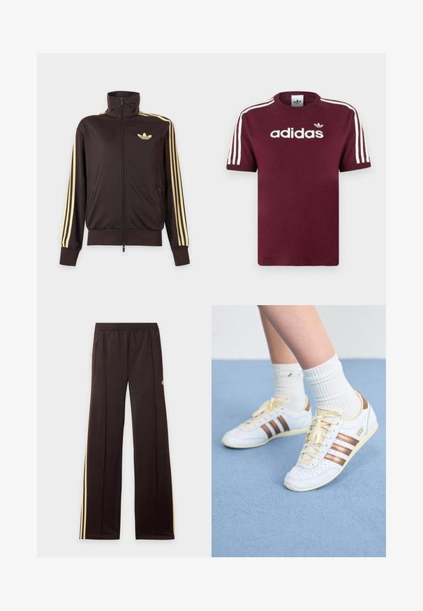 Sort lynlåstrøje med høj krave, lysegule striber ned ad ærmerne og Adidas trefoil-logo på venstre bryst.; Mørkerød bomulds T-shirt med hvide stribede ærmer, med "adidas" logo i hvid på brystet og et lille logo ovenover.; Sorte træningsbukser med gule sidelister, elastisk taljebånd, lynlåslommer i siderne og en lille logo på den øvre lår.; Hvide sneakers med bronze striber, tekstureret læder, gule snørebånd og perforerede detaljer. Båret med hvide ribbede sokker på en blød blå overflade.