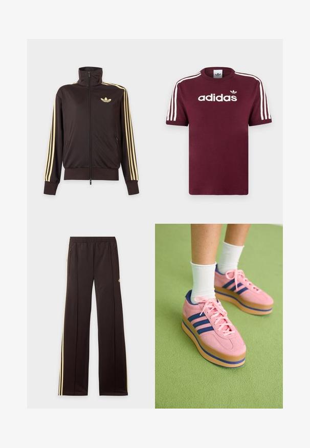 Čierna športová bunda na zips s vysokým golierom, svetložlté pruhy na rukávoch a logo Adidas trefoil na ľavej strane hrude.; Bordové bavlnené tričko s bielymi pruhovanými rukávmi, na hrudi s bielym logom "adidas" a malým logom nad ním.; Čierne tepláky so žltými bočnými pruhmi, elastickým pásom, bočnými vreckami na zips a malým logom na hornej časti stehna.; Ružové semišové platformové tenisky s modrými pruhmi a ružovými šnúrkami. Tlustá béžová podrážka s modrým akcentom. Nosí sa s bielymi členkovými ponožkami na zelenej ploche.