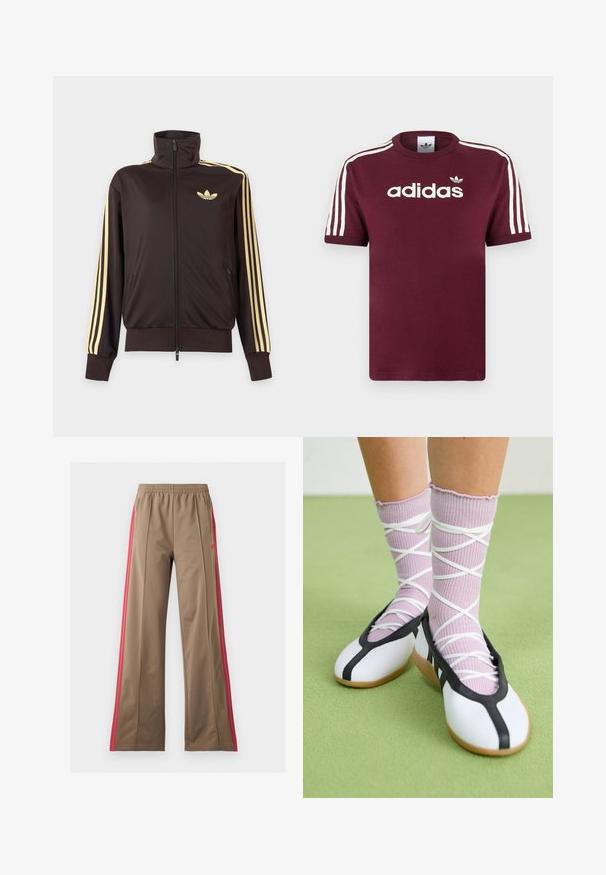 Čierna športová bunda na zips s vysokým golierom, svetložlté pruhy na rukávoch a logo Adidas trefoil na ľavej strane hrude.; Bordové bavlnené tričko s bielymi pruhovanými rukávmi, na hrudi s bielym logom "adidas" a malým logom nad ním.; Hnedé široké tréningové nohavice s elastickým pásom a jasne ružovými bočnými pásmi, s vreckami na zips po stranách a malým logom na ľavej strane.; Nohy v rebrovaných levanduľových ponožkách s bielymi krížovými pásmi v kombinácii s bielymi baletnými papučkami s čiernym lemom na zelenej podlahe.