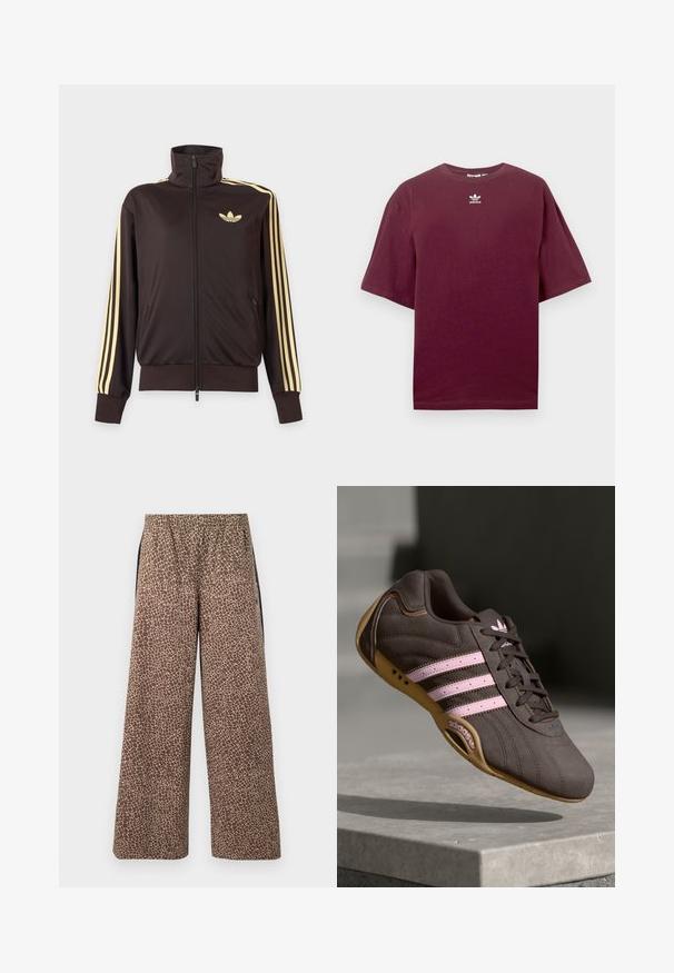 Zwarte joggingjas met rits en hoge kraag, lichtgele strepen op de mouwen en Adidas trefoil-logo op de linkerborst.; Bordeauxrode katoenen T-shirt met een ronde hals en korte mouwen, met een wit Adidas-logo in het midden van de borst. Soepele textuur.; Bruine broek met brede pijpen met een beige dierenprintpatroon, elastische tailleband en contrasterende zwarte zijstrepen. Zachte stoftextuur.; Bruine suède sport schoen met roze strepen en logo, voorzien van een gestructureerde bovenkant, vetersluiting en een gumrubberen zool.