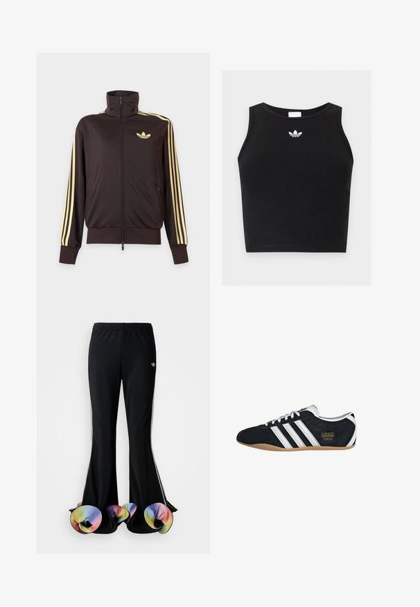 Zwarte joggingjas met rits en hoge kraag, lichtgele strepen op de mouwen en Adidas trefoil-logo op de linkerborst.; Zwarte geribbelde mouwloze cropped top met ronde hals en klein wit Adidas trefoil-logo gecentreerd bij de kraag.; Zwarte sportbroek met een brede, uitlopende snit. Voorzien van kleurrijke, gerimpelde onderranden en witte zijstrepen. Gemaakt van rekbaar materiaal.; Zwarte suède sneaker met witte drie strepen, gouden logo en een bruine rubberen zool. Heeft een laag profiel vetersluiting ontwerp.