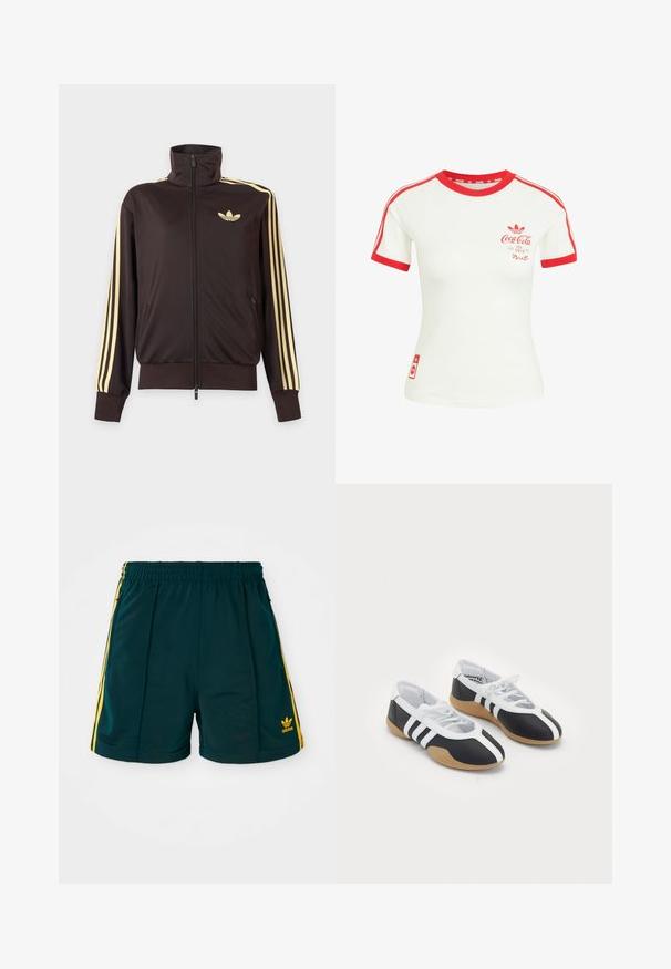 Sort lynlåstrøje med høj krave, lysegule striber ned ad ærmerne og Adidas trefoil-logo på venstre bryst.; Hvid T-shirt med korte ærmer med rød krave, ærmekant, striber og Coca-Cola-logo på brystet og nederste side.; Mørkegrønne sportsshorts med elastisk talje, prydet med gule sidelister og et broderet gult logo på underbenet.; Sort-hvide sportsko med et slankt design, gummisål, snørebåndslukning og tre hvide striber på siden.