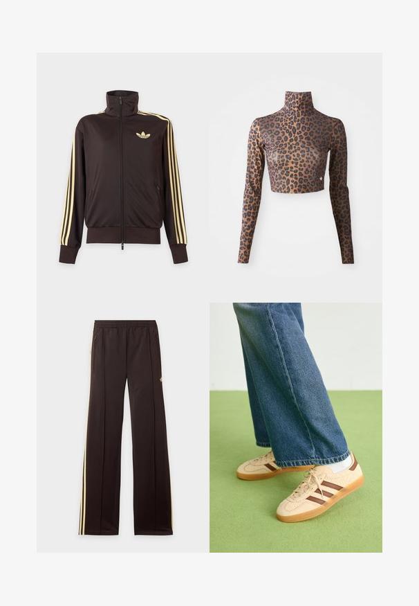 Sort lynlåstrøje med høj krave, lysegule striber ned ad ærmerne og Adidas trefoil-logo på venstre bryst.; Langærmet cropped top med leopardprint i brune og sorte farver, med høj hals og glat, sleek tekstur. Diskret logo-detalje ved kanten.; Sorte træningsbukser med gule sidelister, elastisk taljebånd, lynlåslommer i siderne og en lille logo på den øvre lår.; Beige sneakers med teksturerede cremefarvede paneler og brune striber, parret med blå denim jeans. Jeansene har brede ben og en frynset kant.