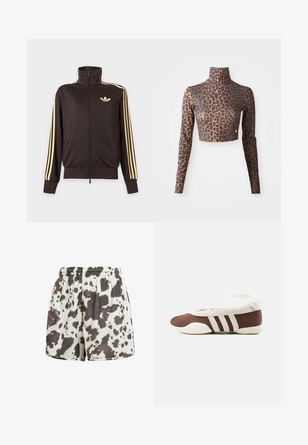 Black zip-up track jacket with high collar, light yellow stripes down sleeves, and Adidas trefoil logo on left chest.; Leopard print long-sleeve crop top in brown and black, featuring a high neck and sleek, smooth texture. Subtle logo detail at the hem.; White elastic-waist shorts with loose fit featuring irregular dark brown cow print pattern.; Brown and white ballet flat shoe with three white stripes and ankle tie bow on a plain light background.