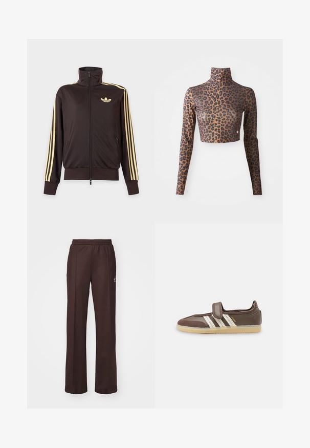 Veste de survêtement noire zippée avec col haut, bandes jaune clair le long des manches et logo adidas trefoil sur la poitrine gauche.; Crop top à manches longues en imprimé léopard brun et noir, avec un col haut et une texture lisse et soyeuse. Détail logo subtil en bas.; Pantalons de sport marron avec une taille élastique, deux poches latérales et un petit logo sur le côté gauche, fabriqués à partir d'un tissu doux.; Baskets marron avec semelle en caoutchouc beige, trois bandes blanches sur le côté et une seule bride Velcro sur le dessus.