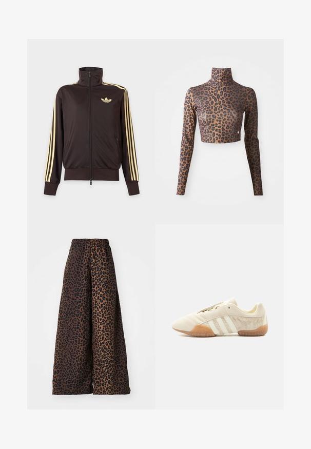 Zwarte joggingjas met rits en hoge kraag, lichtgele strepen op de mouwen en Adidas trefoil-logo op de linkerborst.; Leopardprint langsl sleeve crop top in bruin en zwart, met een hoge hals en een strakke, gladde textuur. Subtiele logo-detail aan de rand.; Wijdvallende broek van gladde stof, met een bruine achtergrond en een zwart panterprintpatroon, en een elastische tailleband.; Lage beige sneaker met drie witte strepen, gestructureerde suède zijpanelen, rubberen zool en vetersluiting op een effen achtergrond.