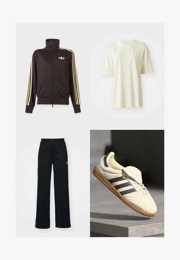 Chaqueta deportiva negra con cremallera y cuello alto, con rayas amarillas claras en las mangas y logo de Adidas trefoil en el pecho izquierdo.; Camiseta de algodón color crema con cuello redondo, mangas cortas y logo "adidas" en relieve en el pecho. Textura suave y corte relajado.; Pantalones deportivos negros con corte relajado, cintura con cordón, bolsillos laterales con cremallera y sutil marca blanca en la pierna izquierda.; Zapatilla de cuero crema con tres rayas oscuras, suela de goma marrón y punta redondeada. Cuenta con una lengüeta plegable etiquetada como "SAMBA".