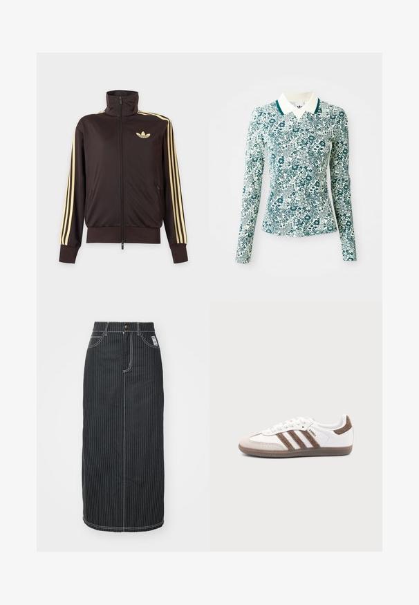 Zwarte joggingjas met rits en hoge kraag, lichtgele strepen op de mouwen en Adidas trefoil-logo op de linkerborst.; Een langmouwig, getailleerd shirt met een teal en wit bloemmotief en een witte kraag met teal afwerking op een effen achtergrond.; Zwarte denim midi-rok met witte verticale strepen. Heeft een knoop taille, twee voorzakken en contrasterende stiksels. Rechte snit.; Witte Adidas Samba sneaker met bruine suède strepen, bruine rubberen zool en beige suède neuskap, getoond vanaf de buitenkant op een effen achtergrond.