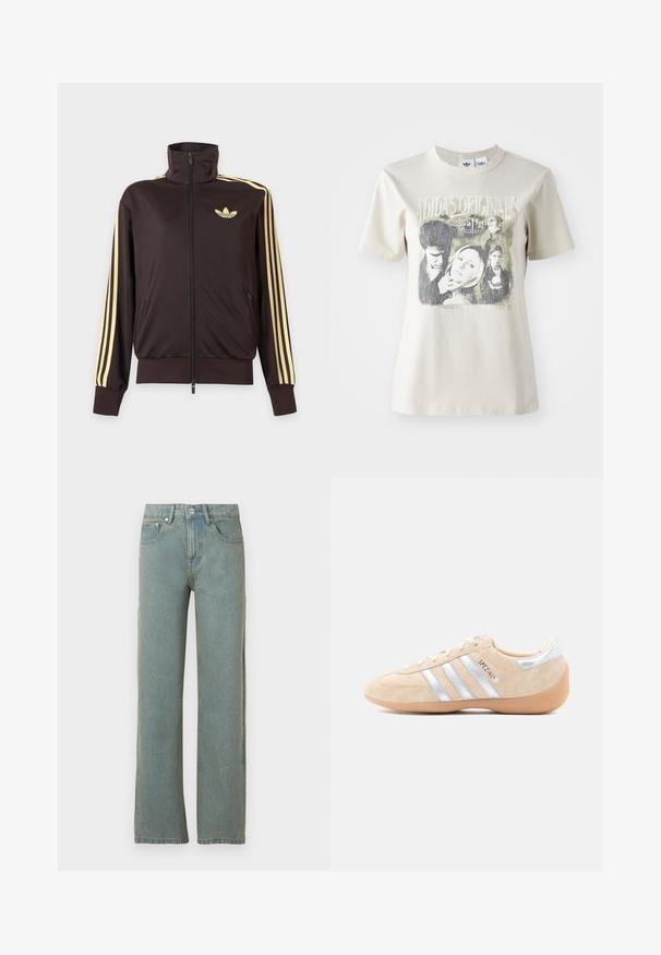 Sort lynlåstrøje med høj krave, lysegule striber ned ad ærmerne og Adidas trefoil-logo på venstre bryst.; Beige bomulds t-shirt med rund hals. Har et grafisk print med karakterer og tekst fra "Buffy" i sort og grå nuancer.; Lyseblå lige ben jeans lavet af denim, udstyret med fem lommer, en knap- og lynlåslukning samt diskret falmning på stoffs.; Beige ruskindsneakers med sølvdetaljer, tre laterale striber, gummisål i naturfarve og teksturerede detaljer på tå og hæl.