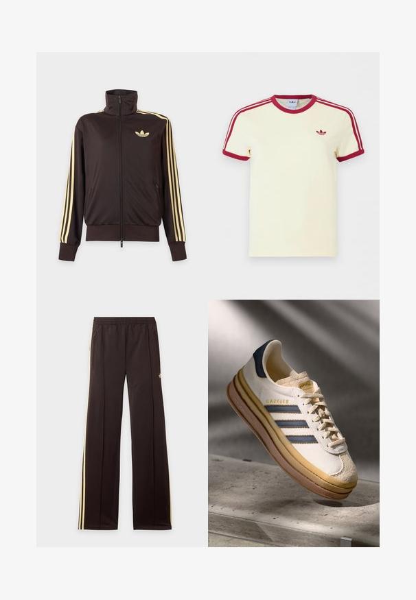 Sort lynlåstrøje med høj krave, lysegule striber ned ad ærmerne og Adidas trefoil-logo på venstre bryst.; Kremfarvet Adidas T-shirt med korte ærmer, rød ribkant ved hals, ærmekanter, tre røde striber på skuldrene og rødt Adidas trefoil-logo på brystet.; Sorte træningsbukser med gule sidelister, elastisk taljebånd, lynlåslommer i siderne og en lille logo på den øvre lår.; Adidas Gazelle sneaker med en creme farvet ruskindsoverdel, blå læderdetaljer, tre blå striber, beige mellemsål og brune gummisål.