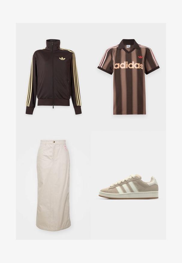 Čierna športová bunda na zips s vysokým golierom, svetložlté pruhy na rukávoch a logo Adidas trefoil na ľavej strane hrude.; Hnedé prúžkované polo tričko Adidas s výstrihom do V, bordovým golierom a červeným logom. Má bielo-červené pruhy na ramenách a krátke rukávy.; Béžová sukňa s pruhmi a vysokým pásom, skrytý zips a kovové zapínanie na gombík. Obsahuje malú značkovú etiketu na prednej strane.; Hnedé semišové tenisky s bielymi koženými pruhmi a šnúrkami, gumová podrážka, polstrovaný golier a textúrované detaily na vrchnej strane.