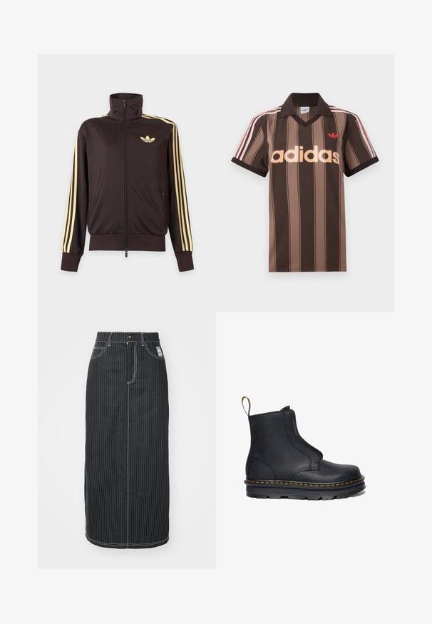 Sort lynlåstrøje med høj krave, lysegule striber ned ad ærmerne og Adidas trefoil-logo på venstre bryst.; Brunstribet Adidas polo-shirt med V-hals, bordeaux krave og rødt logo. Har hvide og røde skulderstriber samt korte ærmer.; Sort denim midi-nederdel med hvide lodrette striber. Har en knapliv, to forlommer og kontrastsyninger. Lige snit design.; Sort læder ankelstøvle med elastiske sidepaneler, rund tå, kontrasterende gul syning og en kraftig gummisål.
