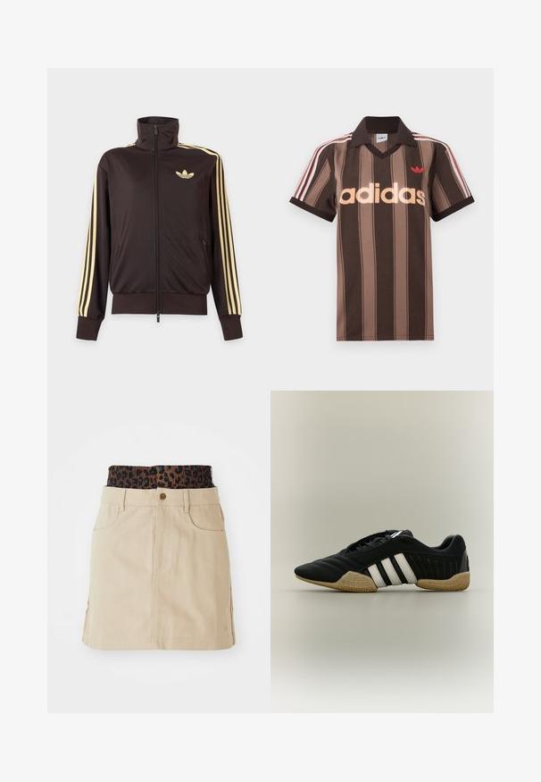 Zwarte joggingjas met rits en hoge kraag, lichtgele strepen op de mouwen en Adidas trefoil-logo op de linkerborst.; Bruine gestreepte Adidas polo met V-hals, bordeauxrode kraag en rood logo. Heeft witte en rode schouderstrepen, korte mouwen.; Tan denim rok met een bruine elastieken tailleband met luipaardprint, voorzakken en een rechte snit, met zichtbare stikdetails.; Zwart sportief schoen met witte strepen en beige getextureerde zool op een neutrale achtergrond, weergegeven in zijprofiel.