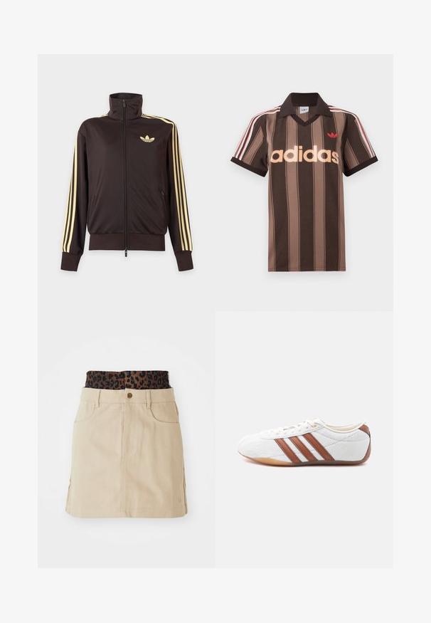 Čierna športová bunda na zips s vysokým golierom, svetložlté pruhy na rukávoch a logo Adidas trefoil na ľavej strane hrude.; Hnedé prúžkované polo tričko Adidas s výstrihom do V, bordovým golierom a červeným logom. Má bielo-červené pruhy na ramenách a krátke rukávy.; Svetlohnedá džínsová sukňa s elastickým pásom so hnedým leopardím vzorom, prednými vreckami a rovnými líniami so viditeľnými detailmi stehov.; Biele nízke tenisky s hnedými koženými pruhmi, viazaním na šnúrky a podrážkou z gumovej gumy, zobrazené z vnútornej strany na bielom pozadí.
