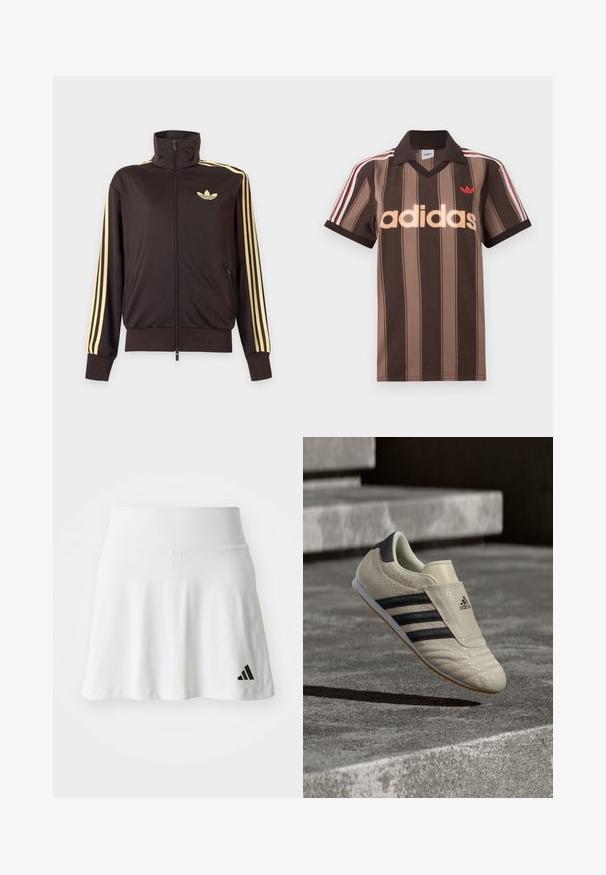 Čierna športová bunda na zips s vysokým golierom, svetložlté pruhy na rukávoch a logo Adidas trefoil na ľavej strane hrude.; Hnedé prúžkované polo tričko Adidas s výstrihom do V, bordovým golierom a červeným logom. Má bielo-červené pruhy na ramenách a krátke rukávy.; Biely športový sukňa s jemnou textúrou, rozšíreným strihom a čiernym logom Adidas na dolnej ľavej strane. Hladký, elastický pás.; Béžová športová obuv s textúrovaným zvrškom, čiernym dizajnom troch prúžkov a plochou gumovou podrážkou. Obsahuje skladaciu chlopňu cez šnúrky.