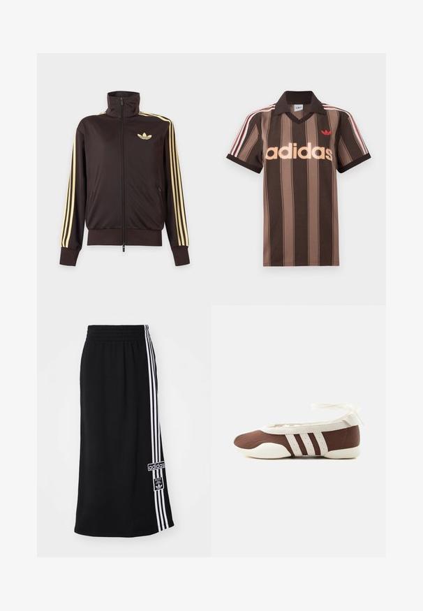 Zwarte joggingjas met rits en hoge kraag, lichtgele strepen op de mouwen en Adidas trefoil-logo op de linkerborst.; Bruine gestreepte Adidas polo met V-hals, bordeauxrode kraag en rood logo. Heeft witte en rode schouderstrepen, korte mouwen.; Zwarte sportrok met een elastische tailleband, voorzien van drie witte strepen aan de zijkant en een Adidas logo patch. Gladde stoftextuur.; Bruine en witte ballerinaschoenen met drie witte strepen en een strik om de enkel op een effen lichte achtergrond.