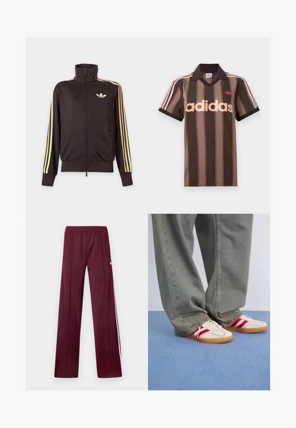 Mustast lukuga spordijakk kõrge kraega, helekollaste triipudega varruka all ja Adidas trefoil logo vasakul rinnal.; Pruunide triipudega Adidas polotee, V-kaelusega, bordeau krae ja punase logoga. Omad valge ja punase triibuga õlad ning lühikesed varrukad.; Tumepunased spordipüksid elastse vöökohaga, külgedel lükandtaskud, valged küljestriibud ja väike valge Adidas logo paremal reiel.; Valged tennis kingad punaste triipudega, tekstureeritud kangast ülemine osa, ümar varvas, lame kummist tald, koos vabaaja, pleekinud siniste teksadega.