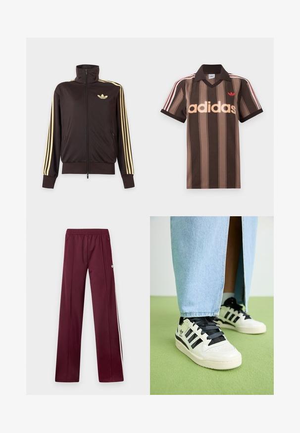 Sort lynlåstrøje med høj krave, lysegule striber ned ad ærmerne og Adidas trefoil-logo på venstre bryst.; Brunstribet Adidas polo-shirt med V-hals, bordeaux krave og rødt logo. Har hvide og røde skulderstriber samt korte ærmer.; Bordeaux løbebukser med elastisk taljebånd, sidelommer med lynlås, hvide sidelommer og et lille hvidt Adidas-logo på højre lår.; Hvide lædersneakers med sorte detaljer og snøre. Har tre sorte striber, en perforeret tå og en tekstureret gummisål.