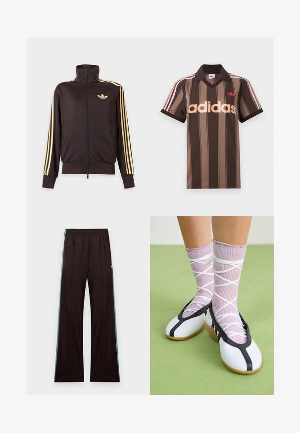 Čierna športová bunda na zips s vysokým golierom, svetložlté pruhy na rukávoch a logo Adidas trefoil na ľavej strane hrude.; Hnedé prúžkované polo tričko Adidas s výstrihom do V, bordovým golierom a červeným logom. Má bielo-červené pruhy na ramenách a krátke rukávy.; Čierne široké teplákové nohavice s svetlomodrými bočnými pruhmi, elastickým pásom, vreckami na zips a logom Adidas na ľavom bedre.; Nohy v rebrovaných levanduľových ponožkách s bielymi krížovými pásmi v kombinácii s bielymi baletnými papučkami s čiernym lemom na zelenej podlahe.
