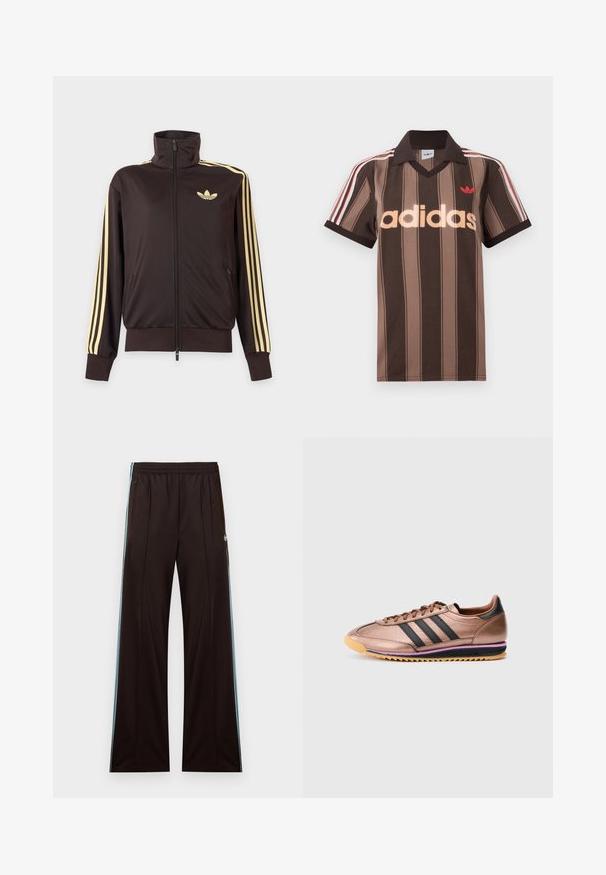 Zwarte joggingjas met rits en hoge kraag, lichtgele strepen op de mouwen en Adidas trefoil-logo op de linkerborst.; Bruine gestreepte Adidas polo met V-hals, bordeauxrode kraag en rood logo. Heeft witte en rode schouderstrepen, korte mouwen.; Zwarte wijde broekspijpen trainingsbroek met lichtblauwe zijstrepen, elastische tailleband, met rits afsluitbare zakken en Adidas-logo op de linkerheup.; Bronzen atletiekschoen met drie zwarte strepen, gladde textuur, vetersluiting, contrasterende lichtbruine zool met paarse accent, retro stijl.