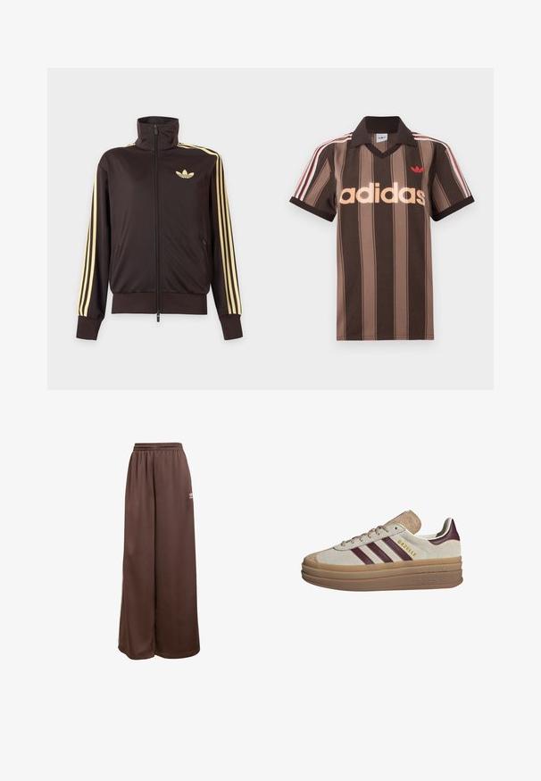 Zwarte joggingjas met rits en hoge kraag, lichtgele strepen op de mouwen en Adidas trefoil-logo op de linkerborst.; Bruine gestreepte Adidas polo met V-hals, bordeauxrode kraag en rood logo. Heeft witte en rode schouderstrepen, korte mouwen.; adidas Originals Trainingsbroek - auburn cream white; Beige suède sneakers met bordeauxrode strepen, witte accenten, een chunky doorschijnende zool en verhoogde branding aan de zijkant. Vetersluiting.