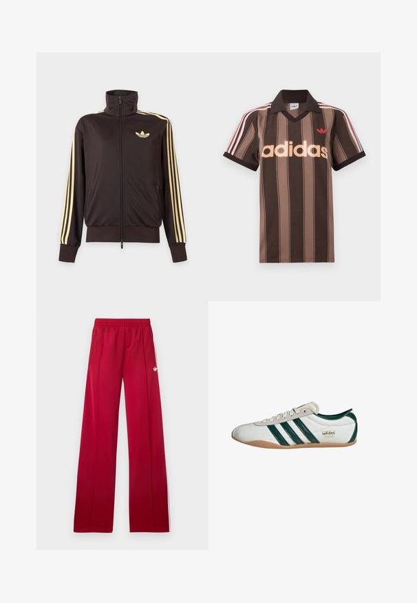 Čierna športová bunda na zips s vysokým golierom, svetložlté pruhy na rukávoch a logo Adidas trefoil na ľavej strane hrude.; Hnedé prúžkované polo tričko Adidas s výstrihom do V, bordovým golierom a červeným logom. Má bielo-červené pruhy na ramenách a krátke rukávy.; Červené široké teplákové nohavice s elastickým pásom, bočnými zipsovými vreckami, bielymi pruhmi po stranách a malým bielym logom na ľavom stehne.; Biele tenisky so zelenými pruhmi, zvršok z semišu a syntetických materiálov, gumová podrážka, okrúhla špička a detail loga "adidas TOKYO".