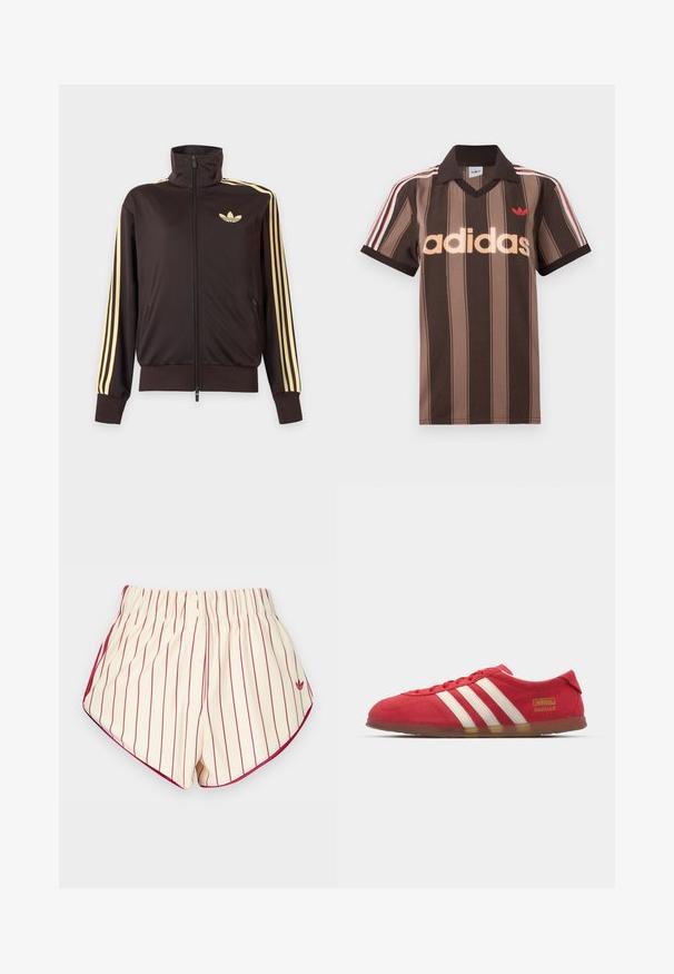 Čierna športová bunda na zips s vysokým golierom, svetložlté pruhy na rukávoch a logo Adidas trefoil na ľavej strane hrude.; Hnedé prúžkované polo tričko Adidas s výstrihom do V, bordovým golierom a červeným logom. Má bielo-červené pruhy na ramenách a krátke rukávy.; Krémové šortky s vertikálnymi červenými pruhmi, elastickým pásom, dvoma prednými gombíkmi a červeným lemovaním pozdĺž zaoblených lemov.; Červené semišové tenisky s bielym trojpruhovým dizajnom, plochou podrážkou a zlatým logom. Nízky strih s okrúlou špičkou a šnurovaním.