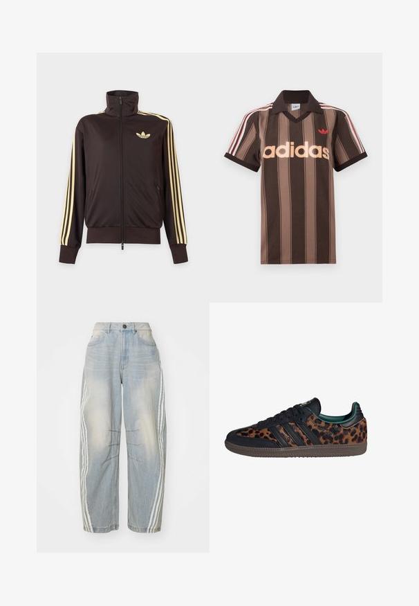Musta vetoketjullinen urheilutakki korkealla kauluksella, vaaleankeltaiset raidat hihoissa ja Adidas trefoil -logo vasemmassa rinnassa.; Ruskearaidallinen Adidas-pikeepaita, jossa on V-aukko, viininpunainen kaulus ja punainen logo. Paidassa on valkoiset ja punaiset olkapääraidat sekä lyhyet hihat.; Vaaleansiniset farkut, joissa on löysä malli, valkoiset raidat sivuilla, kulutettu yksityiskohta ja nappikiinnitys vyötäröllä.; Mustat nahkalenkkarit leopardikuvioiduilla yksityiskohdilla, joissa on kolme tumman väristä raitaa, kumipohja ja pehmustettu vihreä sisus.