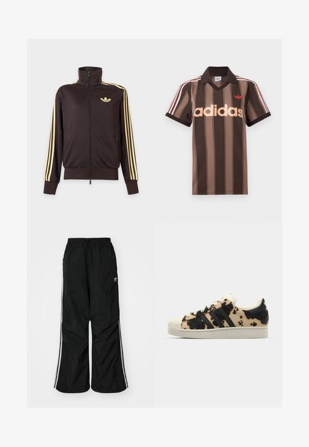 Sort lynlåstrøje med høj krave, lysegule striber ned ad ærmerne og Adidas trefoil-logo på venstre bryst.; Brunstribet Adidas polo-shirt med V-hals, bordeaux krave og rødt logo. Har hvide og røde skulderstriber samt korte ærmer.; Sorte vindjakke-bukser med elastisk talje, snøre, hvide side-striber, løs pasform og en lille logo på venstre side.; Sko med koshudsmønster i beige og sort, tre sorte striber, hvid gummitå, og struktureret sål. Har snørebånd og branding.