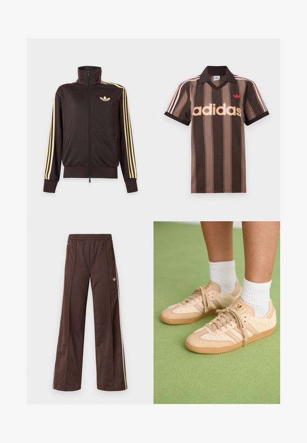 Čierna športová bunda na zips s vysokým golierom, svetložlté pruhy na rukávoch a logo Adidas trefoil na ľavej strane hrude.; Hnedé prúžkované polo tričko Adidas s výstrihom do V, bordovým golierom a červeným logom. Má bielo-červené pruhy na ramenách a krátke rukávy.; Hnedé športové nohavice so širokým strihom nohavíc, bielymi bočnými pásmi, elastickým pásom a dvoma bočnými vreckami. Na nohavici je malá značka.; Nohy v béžových tkaných teniskách Adidas s gumovými podrážkami a bielymi členkovými ponožkami na zeleno textúrovanom podlahe.