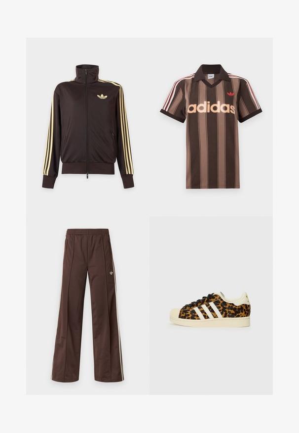 Zwarte joggingjas met rits en hoge kraag, lichtgele strepen op de mouwen en Adidas trefoil-logo op de linkerborst.; Bruine gestreepte Adidas polo met V-hals, bordeauxrode kraag en rood logo. Heeft witte en rode schouderstrepen, korte mouwen.; Bruine sportbroek met een wijd uitlopende pijp, witte zijstrepen, een elastische tailleband en twee zijzakken. Heeft een klein logo op het been.; Luipaardprint sneakers met zwarte veters, witte drie-streep ontwerp, crèmekleurige rubberen neus en zool, gestructureerd bovenmateriaal.