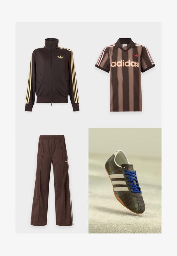 Sort lynlåstrøje med høj krave, lysegule striber ned ad ærmerne og Adidas trefoil-logo på venstre bryst.; Brunstribet Adidas polo-shirt med V-hals, bordeaux krave og rødt logo. Har hvide og røde skulderstriber samt korte ærmer.; Brune atletiske bukser med vidde ben, hvide striber på siden, elastisk linning og to sidelommer. Har et lille logo på benet.; Brune ternede atletiske sko med blå snørebånd, tre hvide striber og en glat overflade, med en lysebrune gummisul.