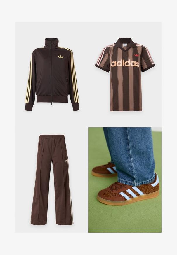 Mustast lukuga spordijakk kõrge kraega, helekollaste triipudega varruka all ja Adidas trefoil logo vasakul rinnal.; Pruunide triipudega Adidas polotee, V-kaelusega, bordeau krae ja punase logoga. Omad valge ja punase triibuga õlad ning lühikesed varrukad.; Pruunid sportpüksid laiade säärtega, valgete küljeribadega, elastse vöökohaga ja kahe küljetaskuga. Jalal on väike logo.; Pruunid Adidas tennised valgete triipudega ja kummikute tallaga, kantud siniste teksadega rohelisel vaibal.
