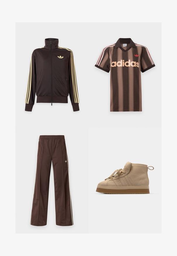 Schwarze Trainingsjacke mit Reißverschluss und hohem Kragen, hellgelben Streifen an den Ärmeln und Adidas Trefoil Logo auf der linken Brust.; Braunes gestreiftes Adidas-Poloshirt mit V-Ausschnitt, bordeauxrotem Kragen und rotem Logo. Mit weißen und roten Schulterstreifen, kurzen Ärmeln.; Braune Sporthose mit weitem Bein, weißen Seitenstreifen, elastischem Bund und zwei Seitentaschen. Mit kleinem Logo am Bein.; Beige Wildleder-Hochtop-Sneaker mit einer dicken Gummisohle, ausgestattet mit einer umklappbaren Zunge, runder Spitze und dekorativen Schnürsenkeln.