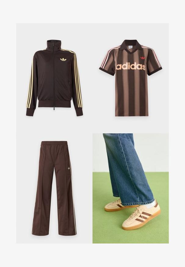 Sort lynlåstrøje med høj krave, lysegule striber ned ad ærmerne og Adidas trefoil-logo på venstre bryst.; Brunstribet Adidas polo-shirt med V-hals, bordeaux krave og rødt logo. Har hvide og røde skulderstriber samt korte ærmer.; Brune atletiske bukser med vidde ben, hvide striber på siden, elastisk linning og to sidelommer. Har et lille logo på benet.; Beige sneakers med teksturerede cremefarvede paneler og brune striber, parret med blå denim jeans. Jeansene har brede ben og en frynset kant.