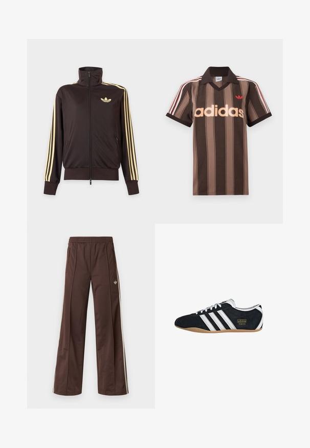 Čierna športová bunda na zips s vysokým golierom, svetložlté pruhy na rukávoch a logo Adidas trefoil na ľavej strane hrude.; Hnedé prúžkované polo tričko Adidas s výstrihom do V, bordovým golierom a červeným logom. Má bielo-červené pruhy na ramenách a krátke rukávy.; Hnedé športové nohavice so širokým strihom nohavíc, bielymi bočnými pásmi, elastickým pásom a dvoma bočnými vreckami. Na nohavici je malá značka.; Čierne semišové tenisky s bielymi tromi pruhmi, zlatým logom a hnedou gumovou podrážkou. Disponujú nízkym šnurovacím dizajnom.