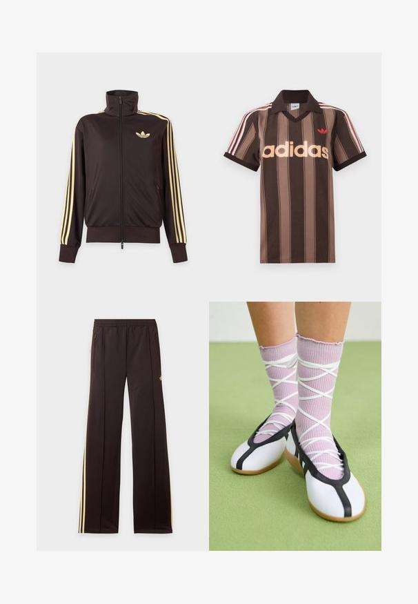 Sort lynlåstrøje med høj krave, lysegule striber ned ad ærmerne og Adidas trefoil-logo på venstre bryst.; Brunstribet Adidas polo-shirt med V-hals, bordeaux krave og rødt logo. Har hvide og røde skulderstriber samt korte ærmer.; Sorte træningsbukser med gule sidelister, elastisk taljebånd, lynlåslommer i siderne og en lille logo på den øvre lår.; Ben iført ribbet lilla sokker med hvide krydsede stropper kombineret med hvide balletsko med sort kant på grøn gulv.
